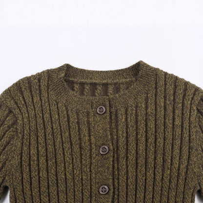 Round neck single breasted waist cinched short knit sweater for women